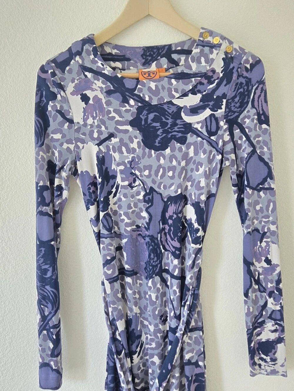 Tory Burch Silk Jersey Belted Midi Dress Small Logo Buttons Floral Leopard Print